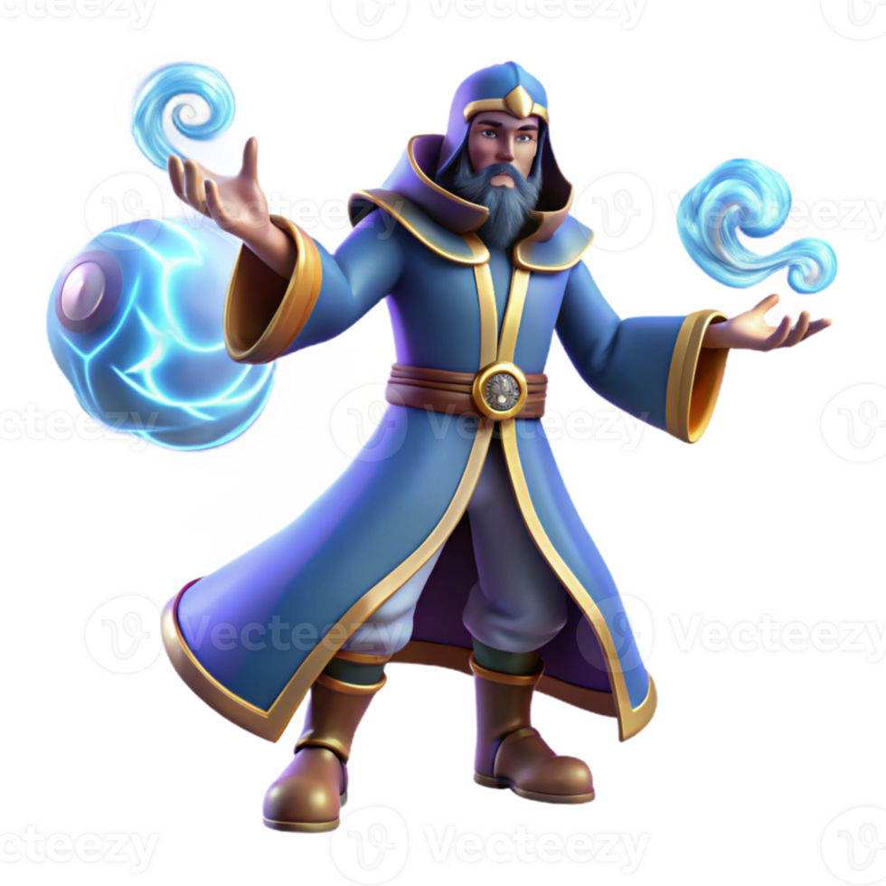 vibrant contemporary Wizard 3D Render, Fantasy Mage Illustration professional png