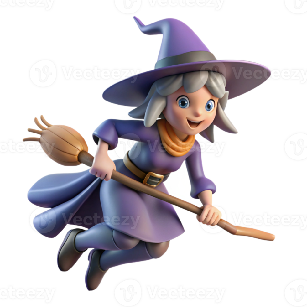 wonderful vintage 3D Render of a Happy Witch Flying on a Broom 4K png