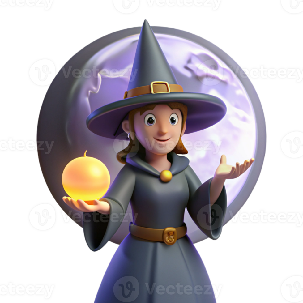 dramatic classic Friendly Witch 3D Render Halloween Illustration original png