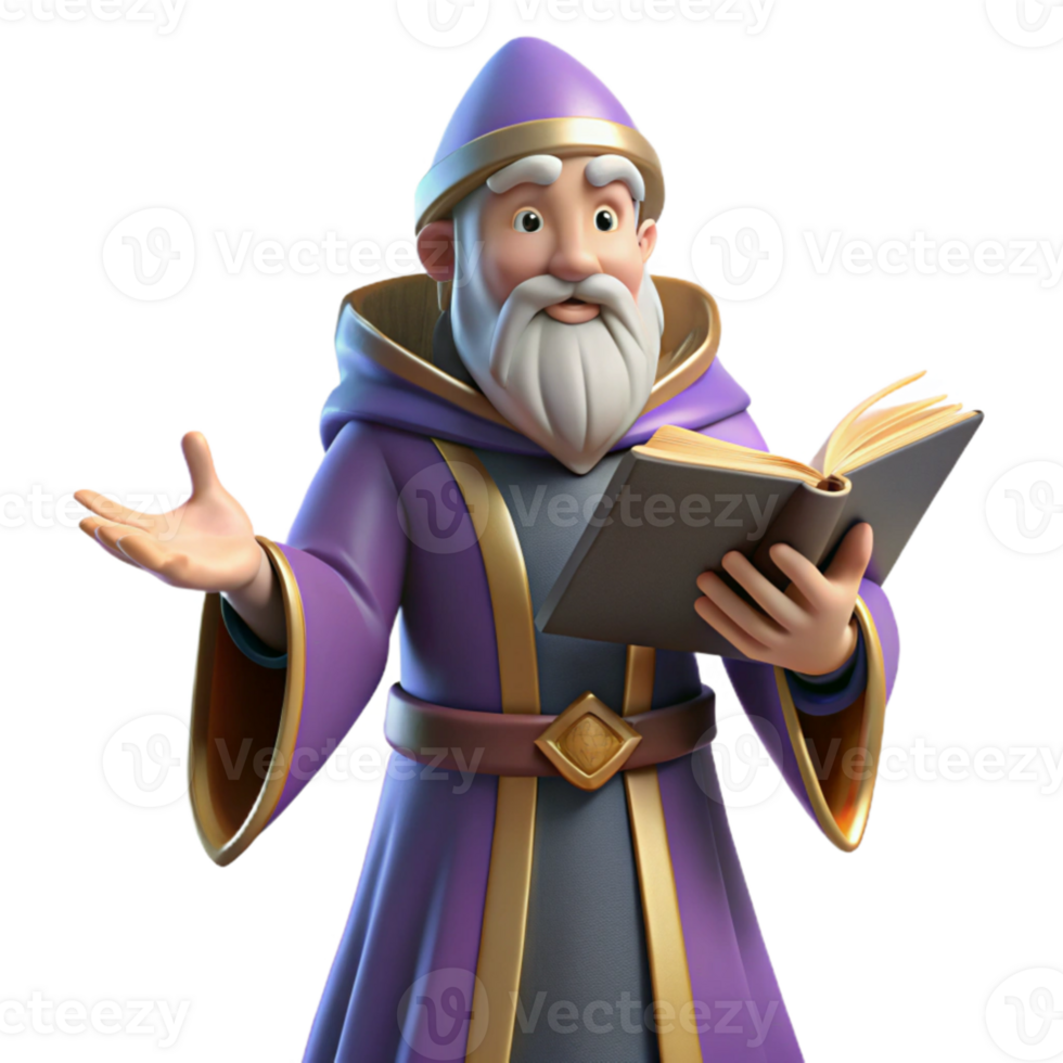wonderful rustic 3D Illustration Wise Wizard Reading Book 4K png