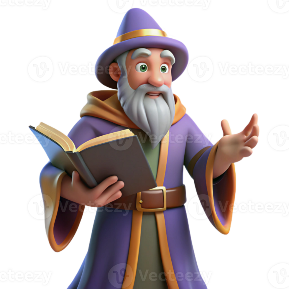 stunning vintage 3D Cartoon Wizard with Book premium png