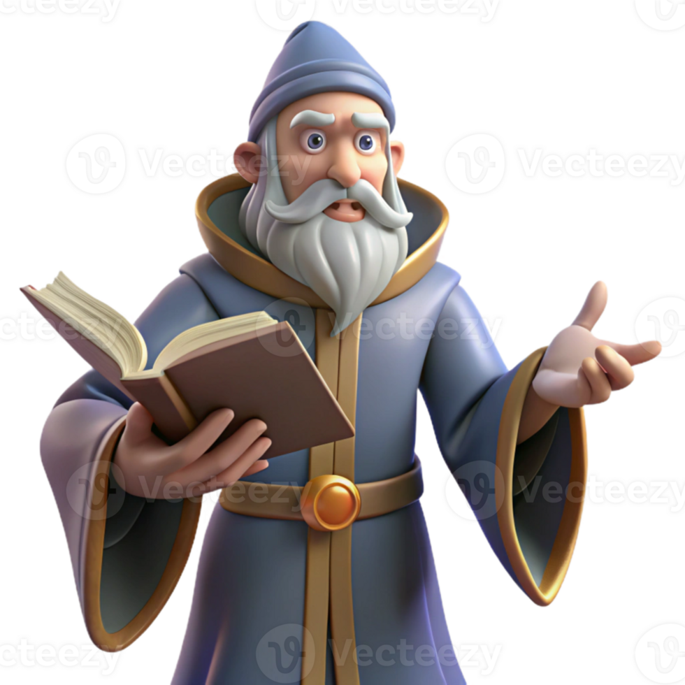 extraordinary abstract 3D Cartoon Wise Wizard with Book detailed png