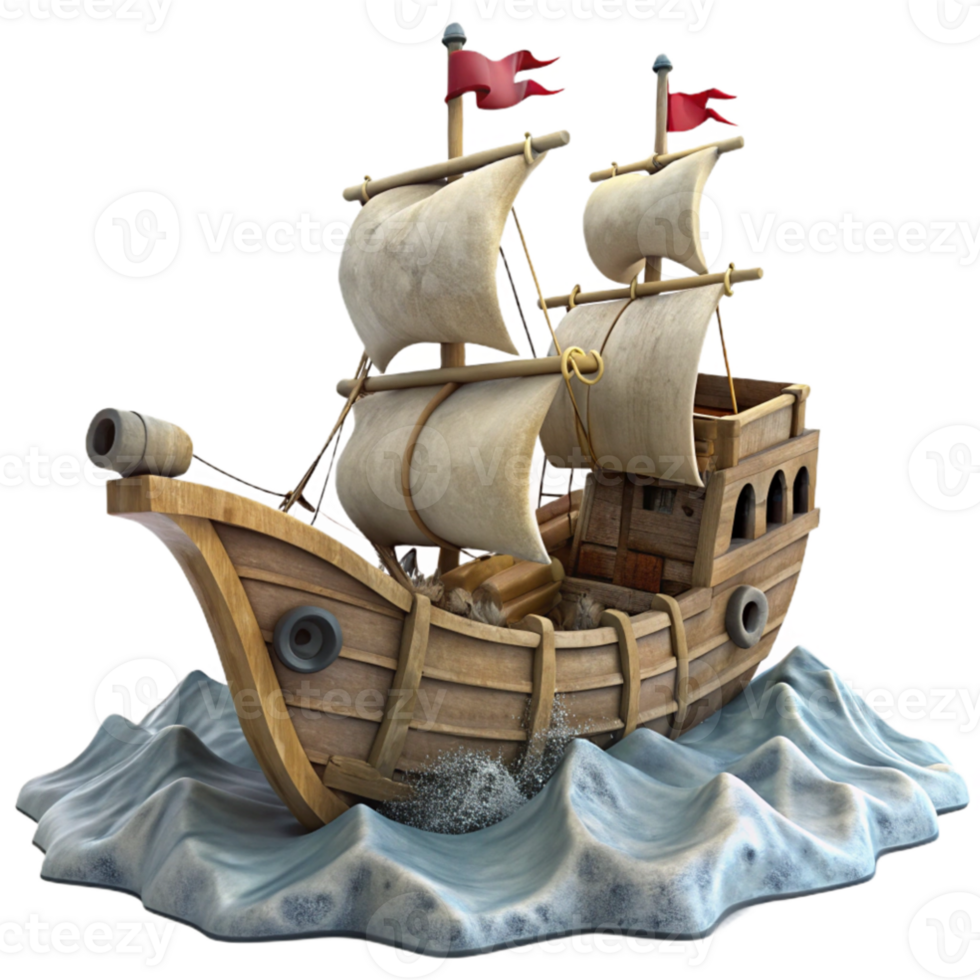 elegant rustic 3D Model Wooden Sailing Ship on Waves exclusive png