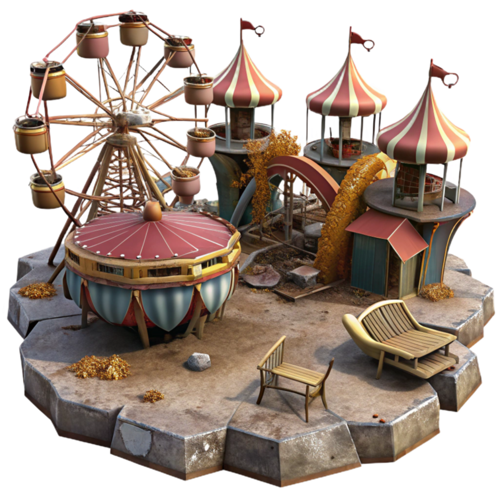 elegant creative Abandoned Amusement Park Ferris Wheel, Carousel, and Play Structures authentic png