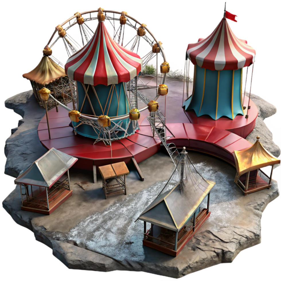 stunning modern Abandoned Amusement Park Ferris Wheel, Carousel, and Tents high quality png