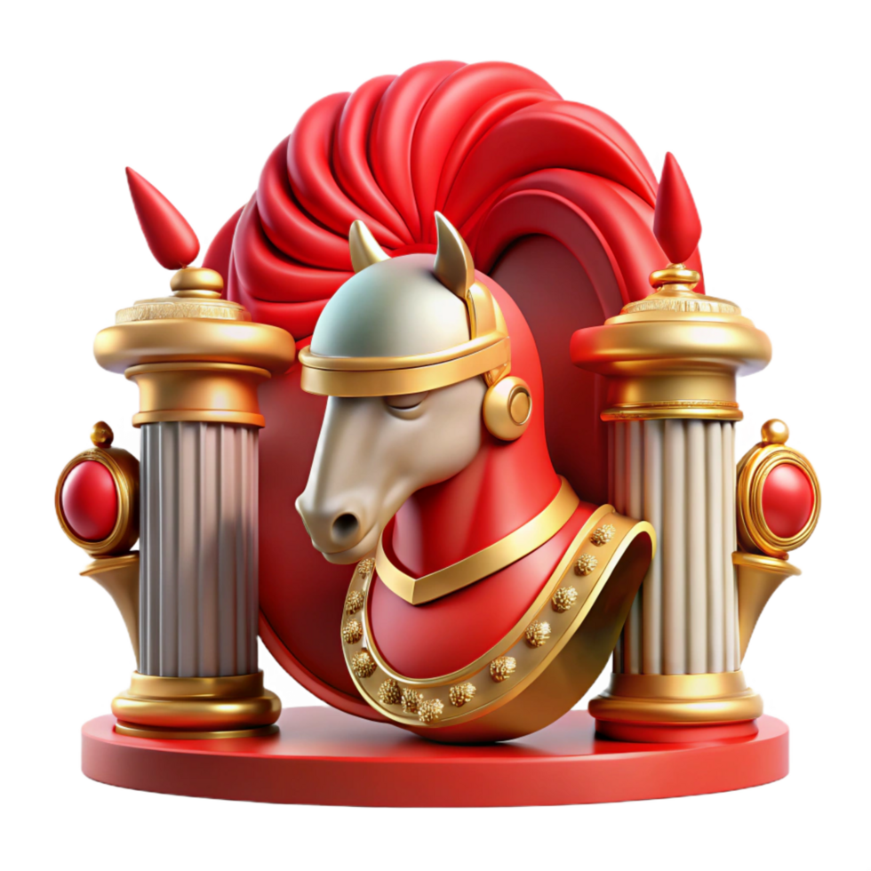 elegant rustic Red Horse, Gold Columns, 3D Render authentic png