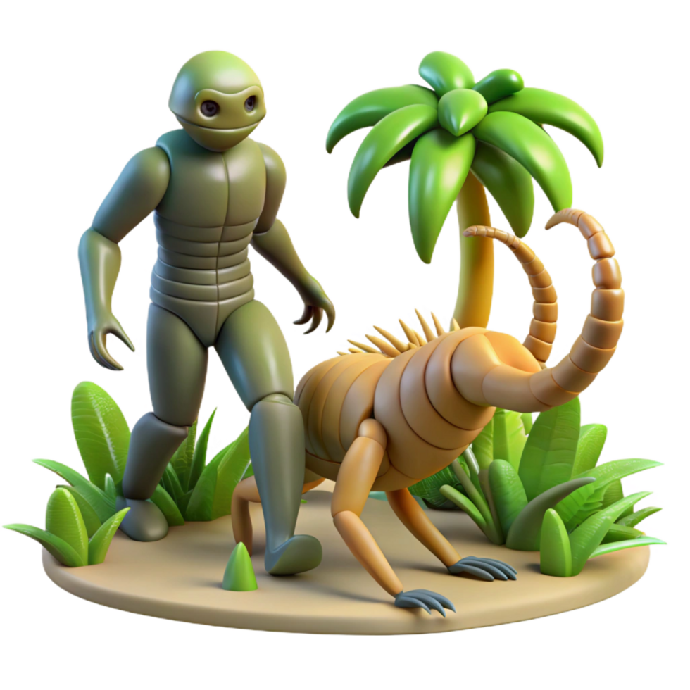 magnificent traditional Alien Encounter 3D Render of Robot and Creature professional png