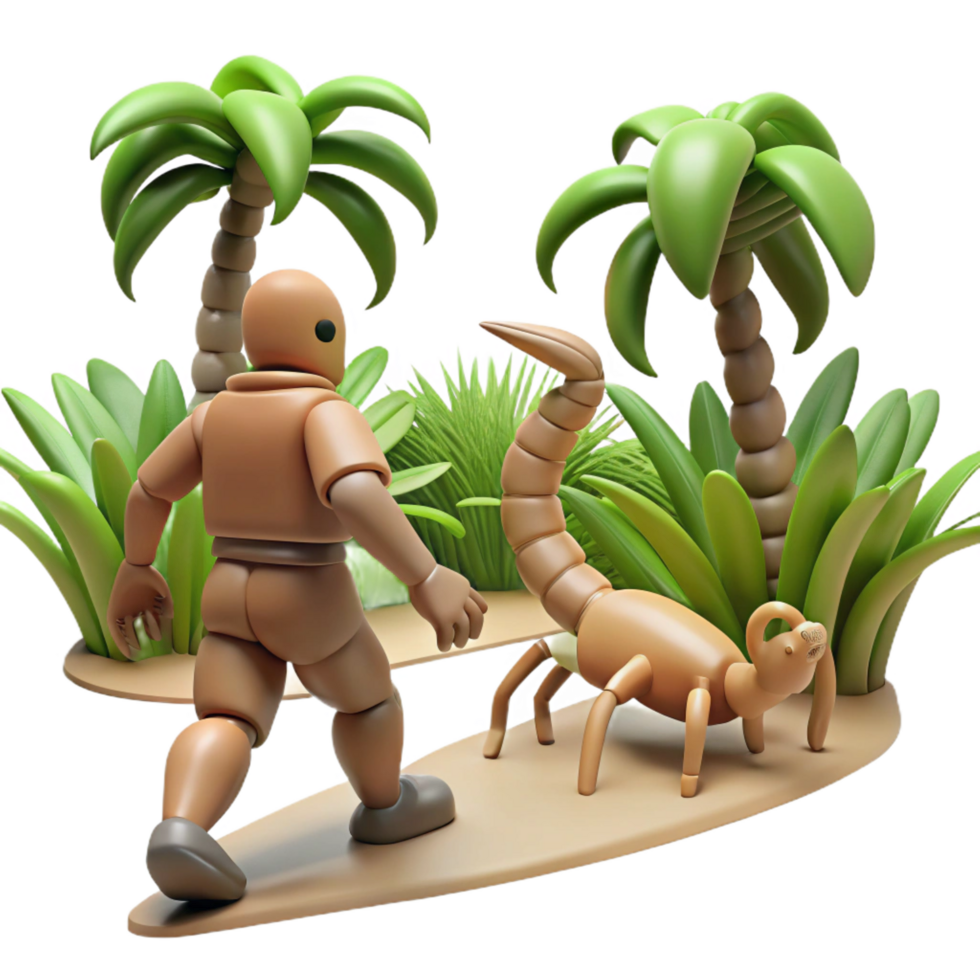 magnificent creative 3D Render Figure Encounters Scorpion in Tropical Oasis high resolution png