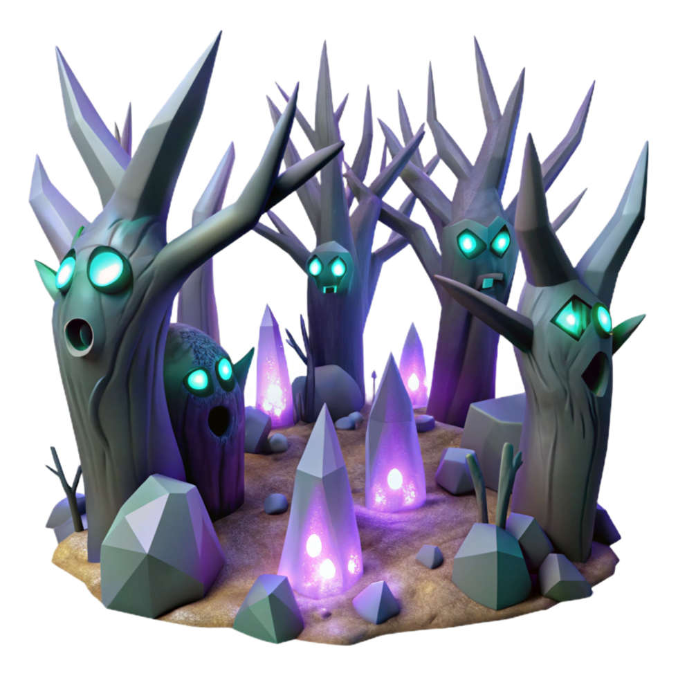 extraordinary modern Enchanted Forest Glowing Crystals and Mystical Trees professional png