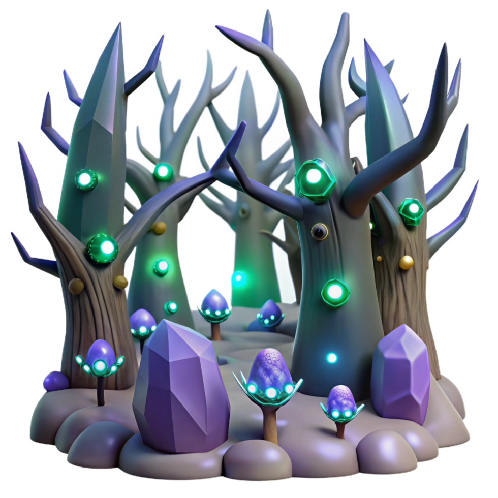 vibrant vintage Enchanted Glowing Forest Mystical Trees Crystals authentic png