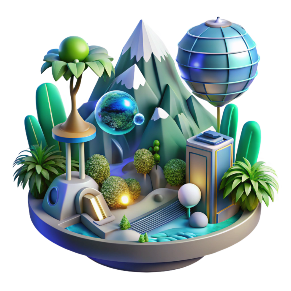impressive abstract Enchanted 3D Island Fantasy Landscape with Mountain, Trees, and Bubbles premium png