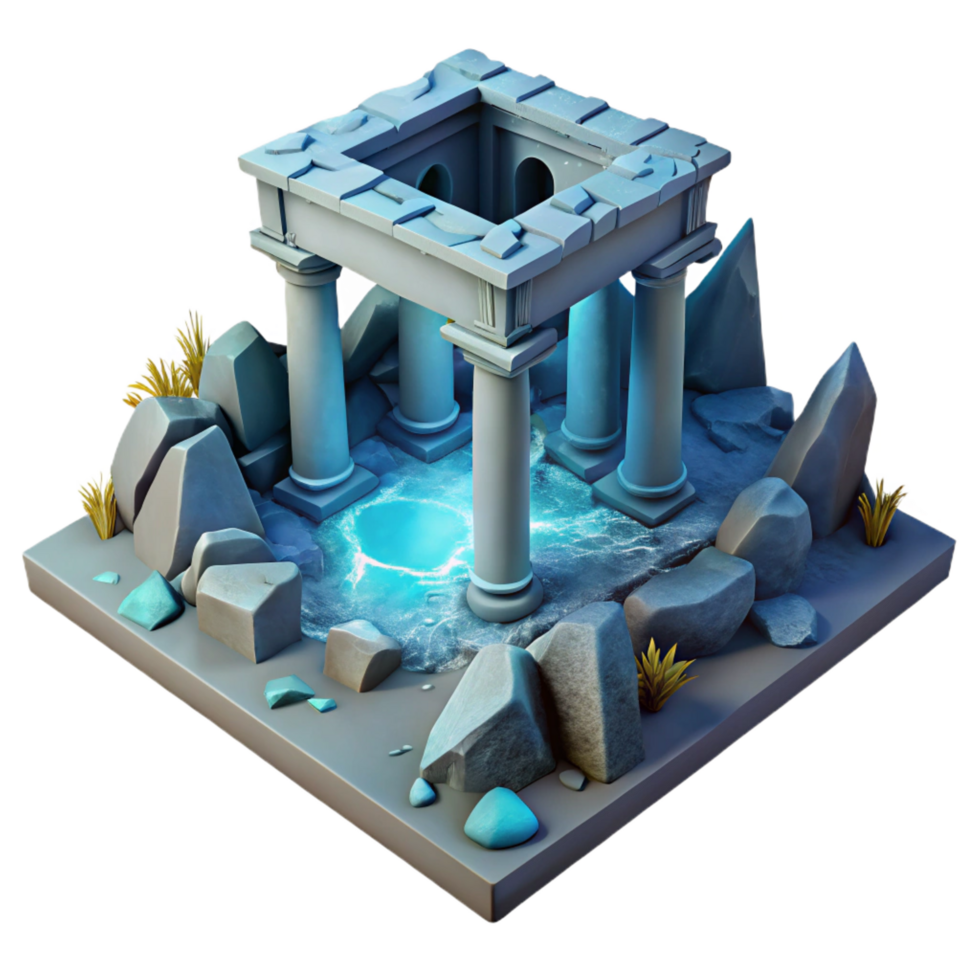 magnificent minimalist Ancient Ruins Glowing Pool, Stone Pillars, Isometric View detailed png