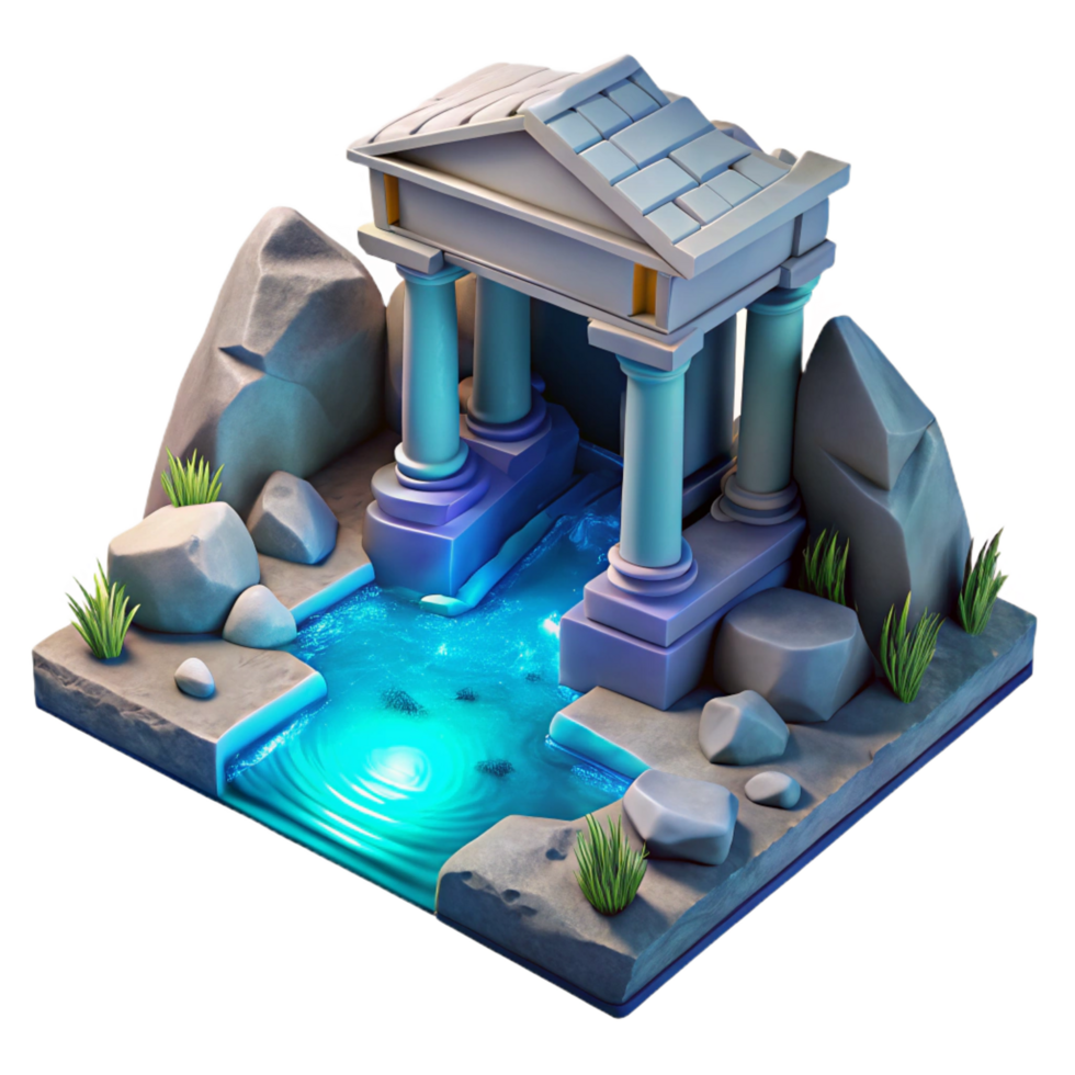 elegant rustic Ancient Temple by Glowing Stream 3D Render high resolution png
