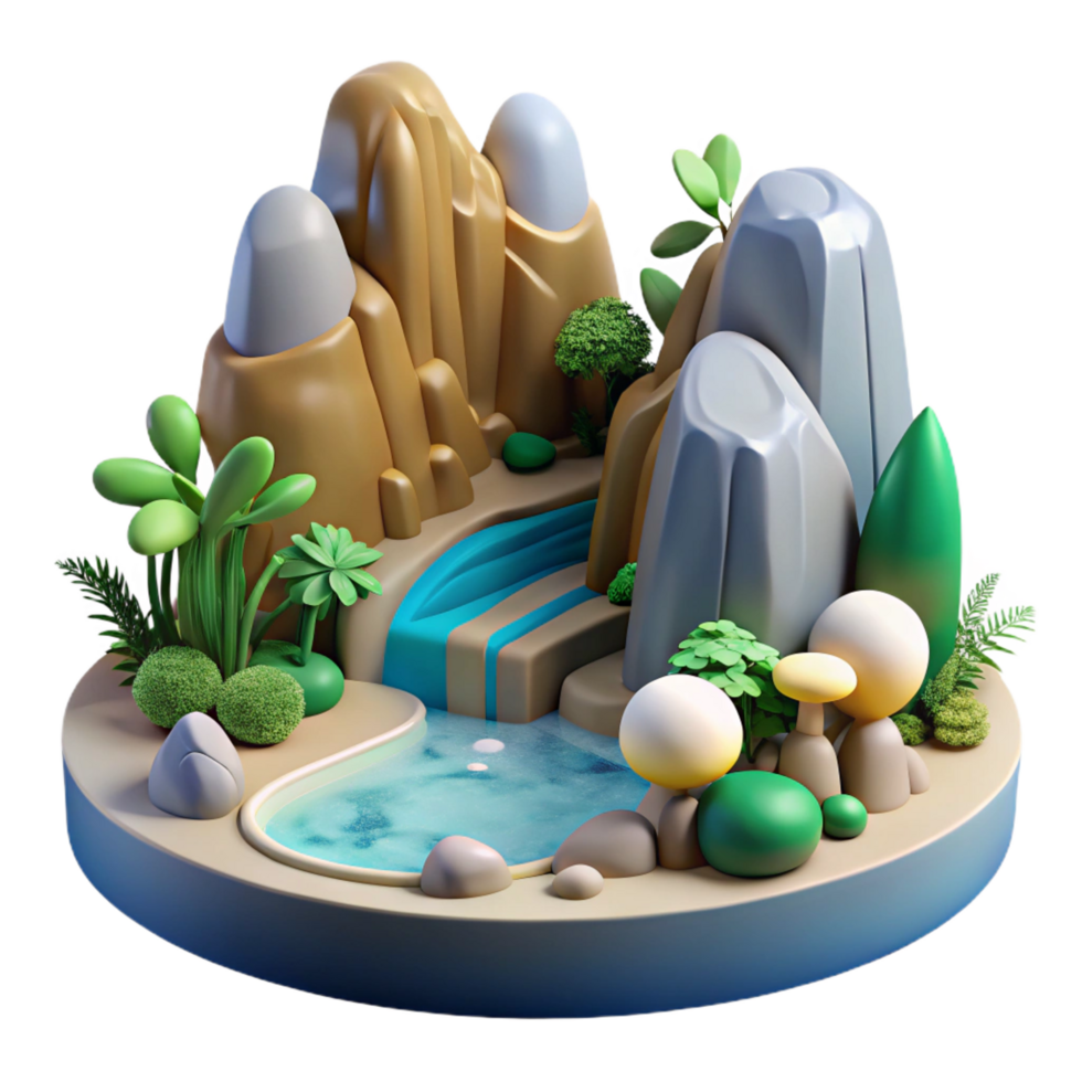stunning contemporary Serene Mountain Oasis 3D Render of a Tranquil Landscape detailed png
