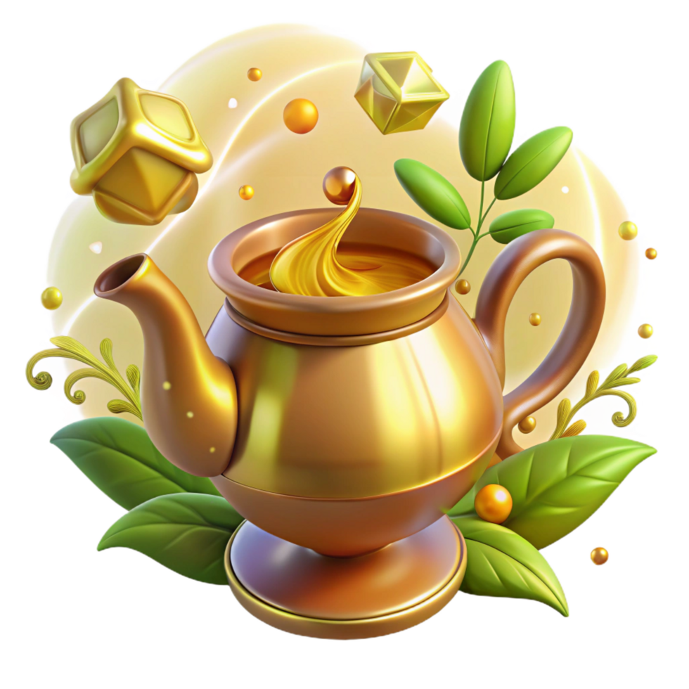 magnificent contemporary Golden Teapot Honey Elixir, 3D Render premium png