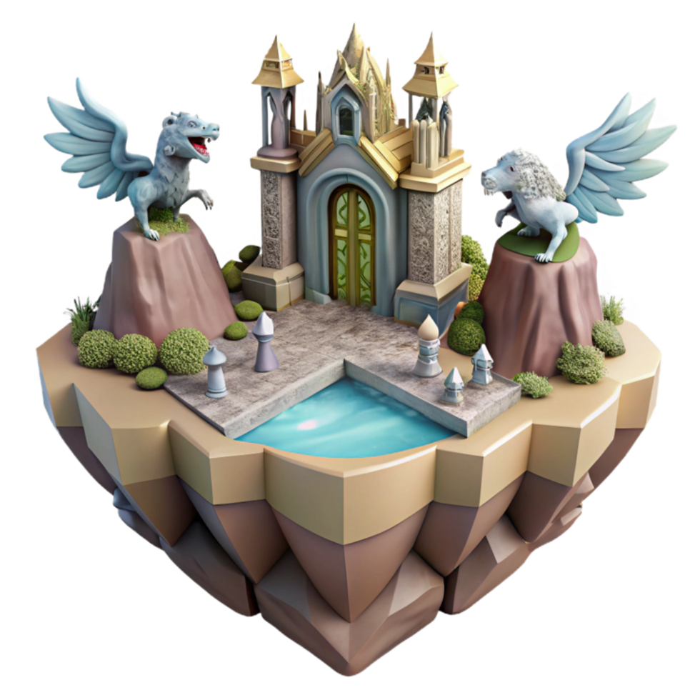 wonderful artistic Fantasy Island Dragons, Castle, and Magical Pond genuine png