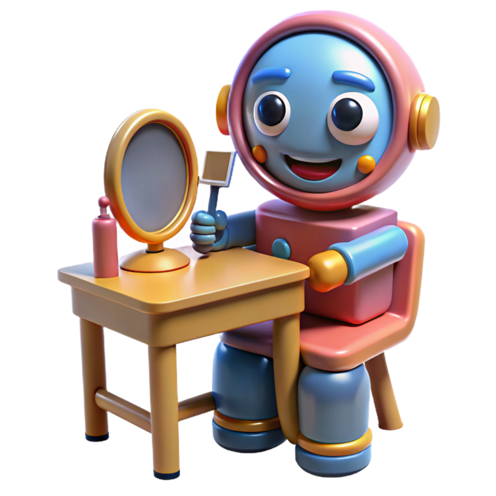 magnificent minimalist Cute Robot Vanity 3D Render of Robot Grooming high resolution png