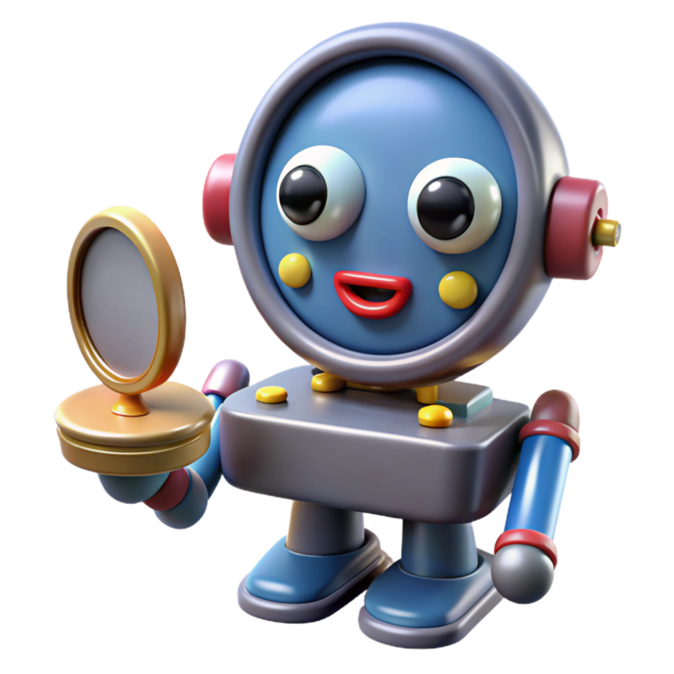 impressive traditional Cute Robot Holding Mirror 3D Render authentic png