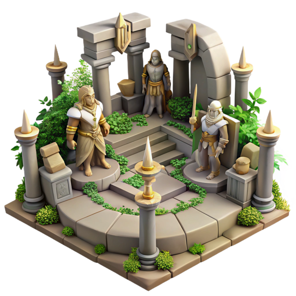 vibrant minimalist Ancient Stone Sanctuary 3D Render of Mythical Figures genuine png