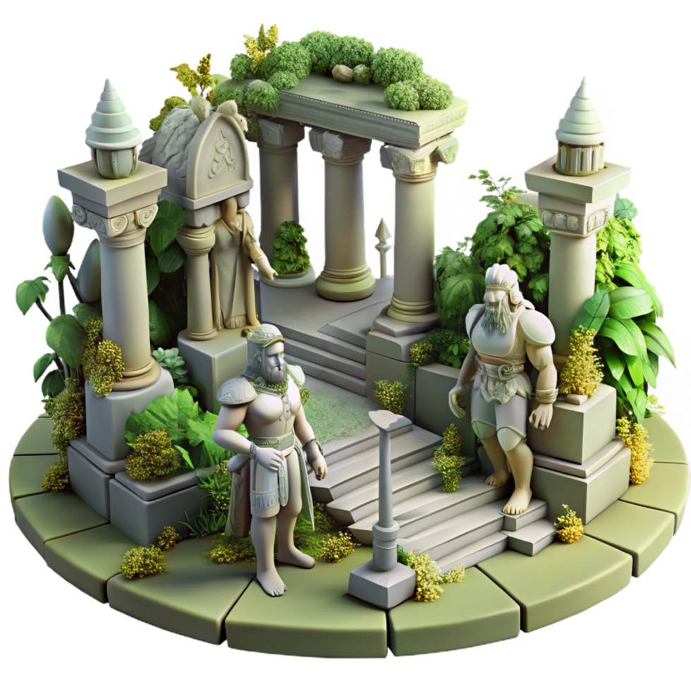 serene classic Ancient Garden Sanctuary 3D Render of Mythical Figures professional png