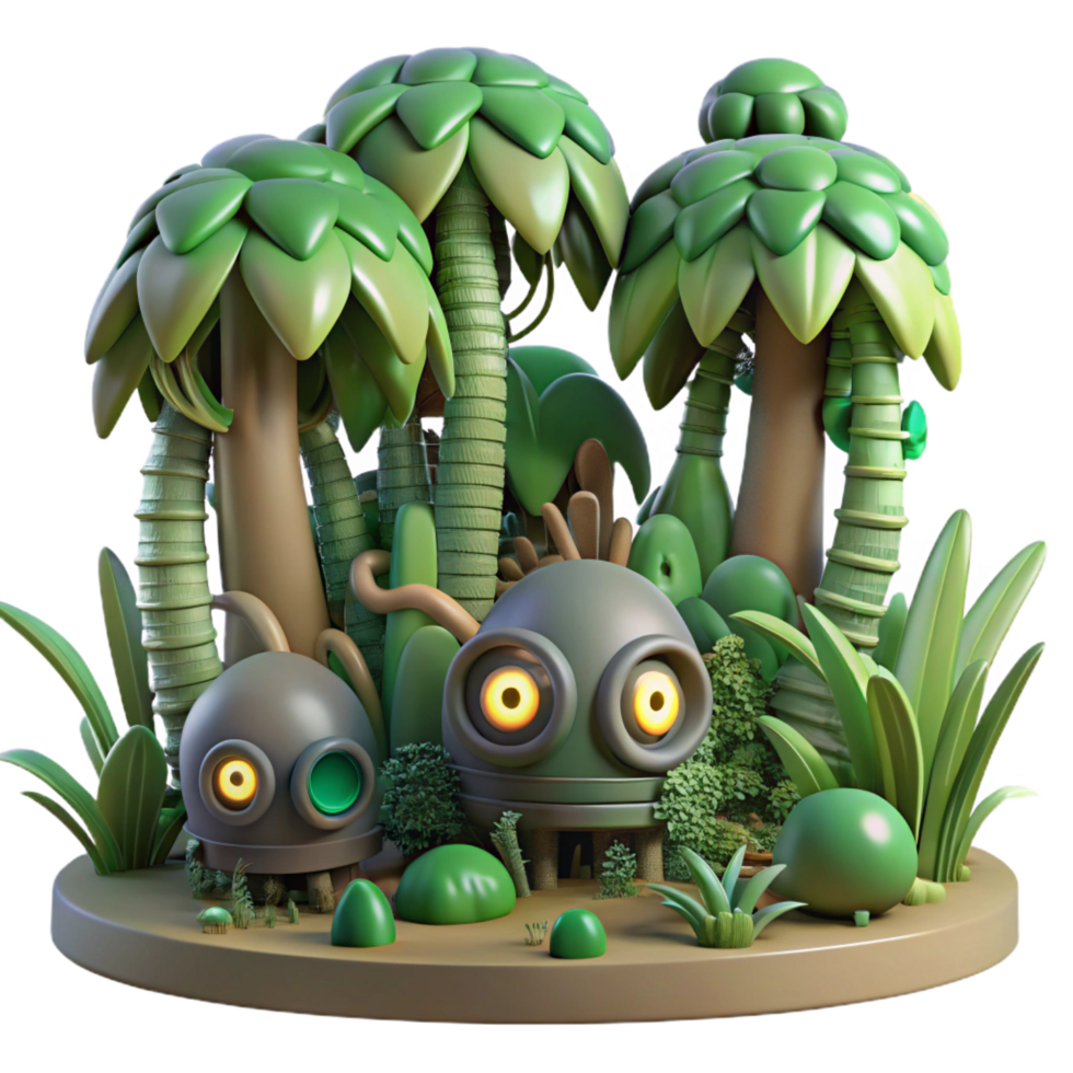 extraordinary creative Jungle Robots 3D Render of Robotic Creatures in Lush Tropical Setting 4K png
