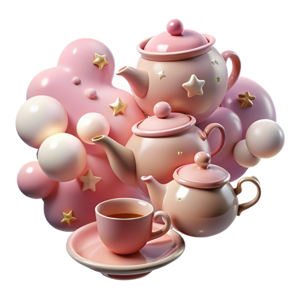 extraordinary minimalist Pink Teapot Teacup Set in Dreamy Bubble Scene authentic png
