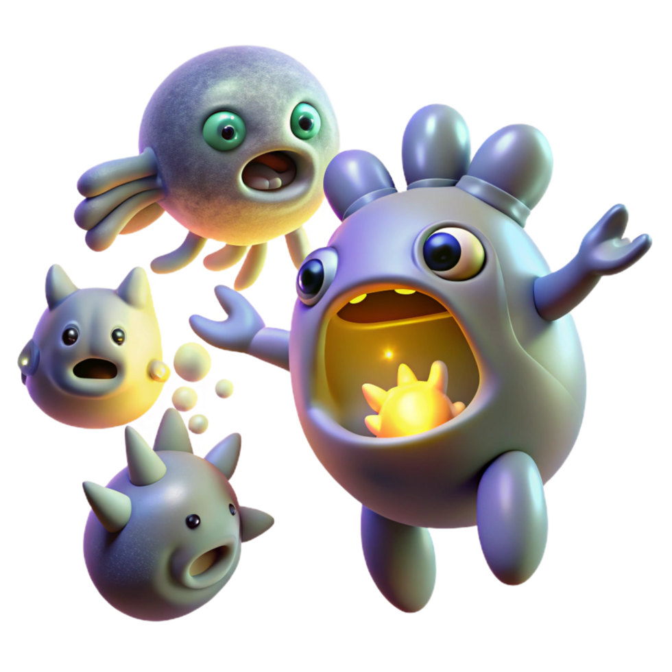 beautiful vintage Cute Monster Cell Animation 3D Render of Fun Microbes genuine png