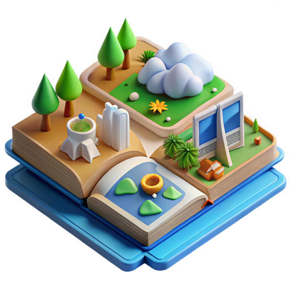 dramatic classic Open Book 3D Illustration Nature, City, and Water Scenes high resolution png