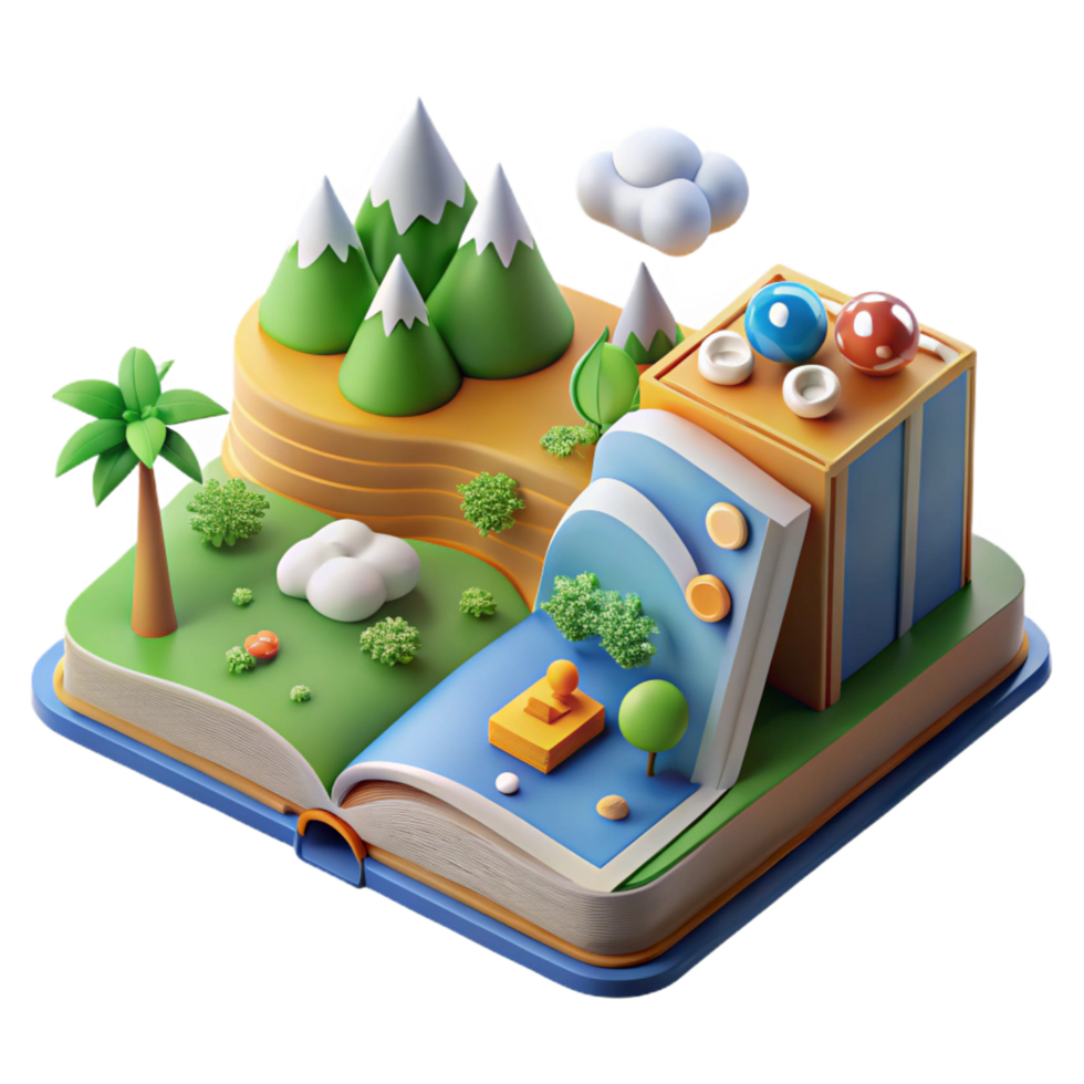 magnificent creative 3D Pop-up Book Adventure Landscape with City Mountains 4K png