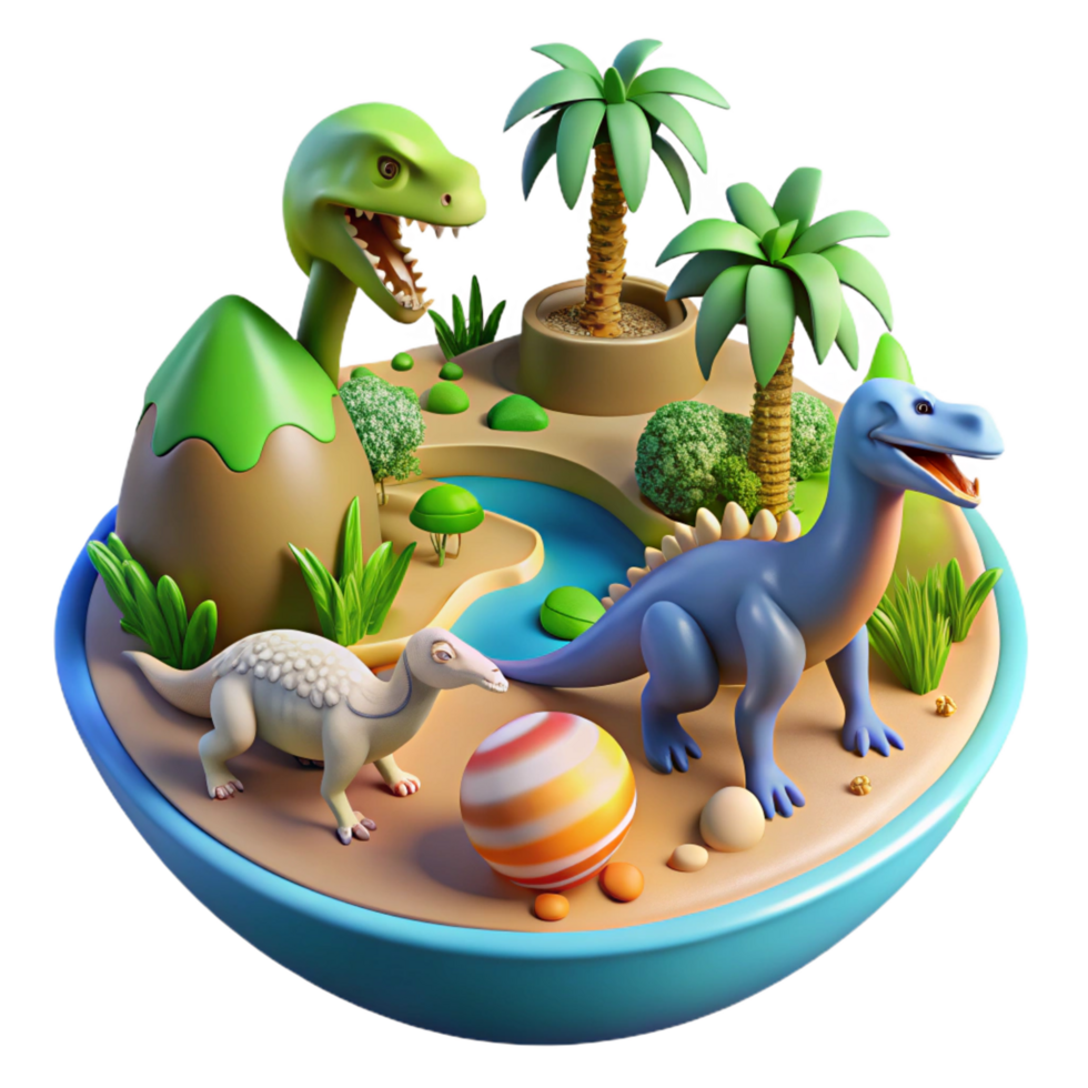 elegant artistic Cartoon Dinosaurs in Prehistoric Island Scene authentic png
