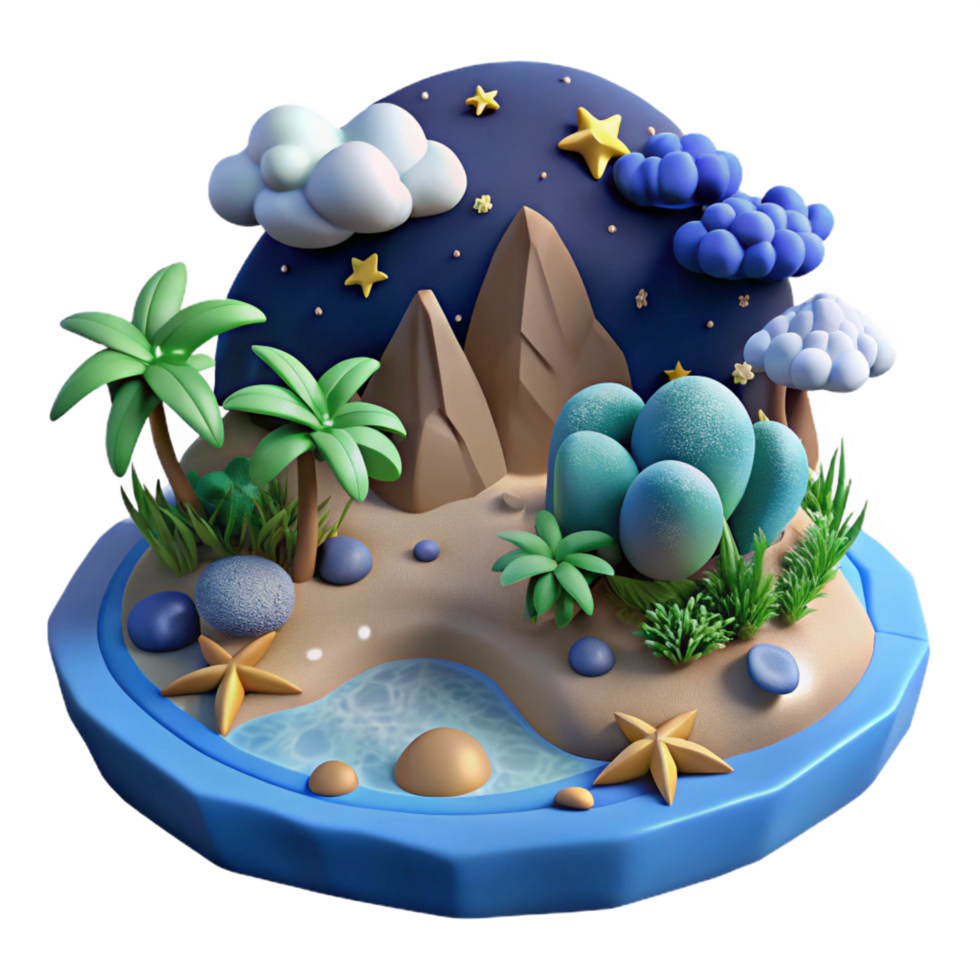 serene minimalist Enchanted Island Night Scene 3D Render detailed png