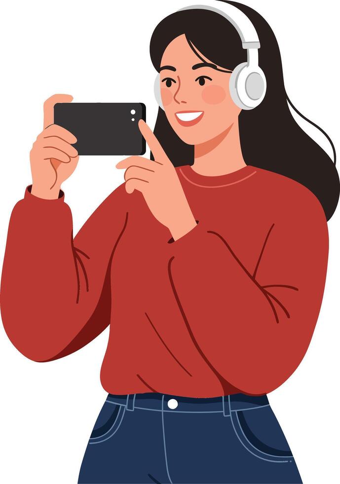 Young woman smiling while taking a photo with her smartphone, wearing headphones, in a flat design illustration vector