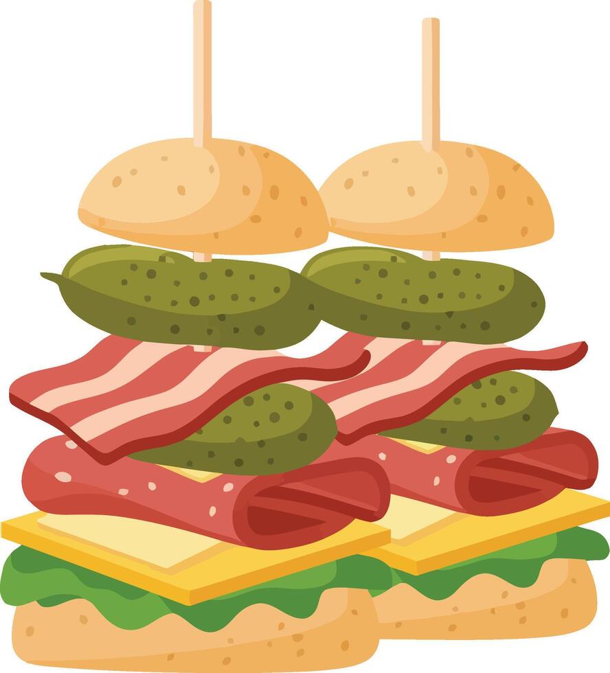 A towering sandwich layered with fresh vegetables, savory meats, and pickles in a minimalistic flat design style, showcasing appetizing details in art vector