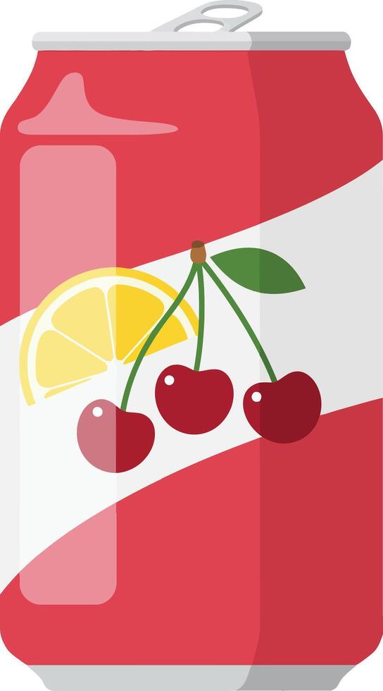 A vibrant red soda can featuring cherries and lemon slices in a flat design style illustration vector