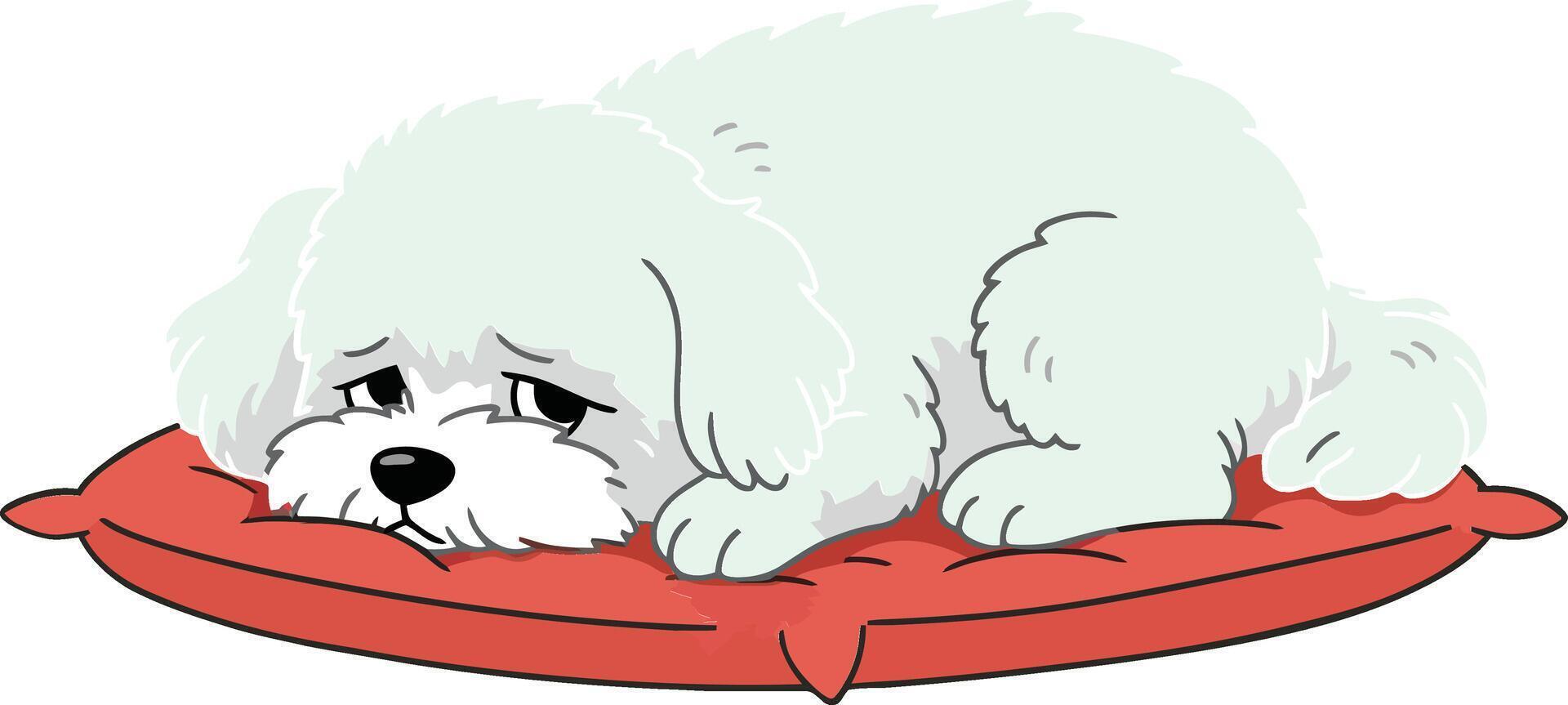 A fluffy white dog curled up on a red cushion in a cozy indoor setting, in a minimal illustration style vector