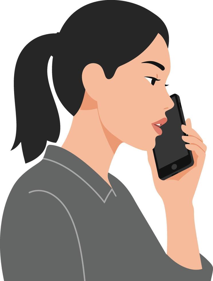 Woman with a ponytail talking on a smartphone in a minimal flat design style, showcasing modern communication in art vector
