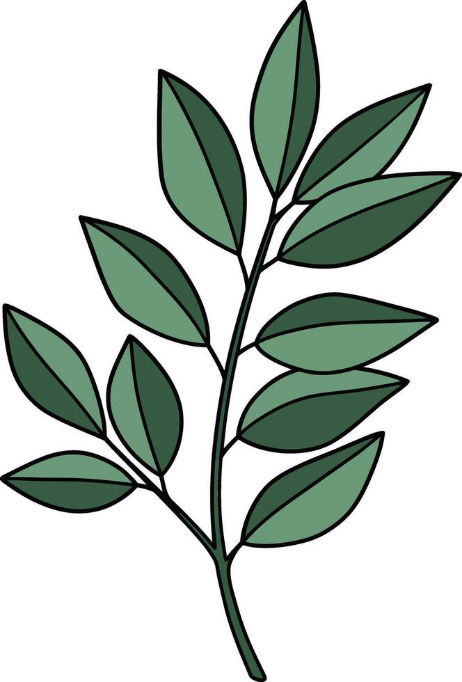 Green leafy branch with detailed shapes and textures in a minimal design style, perfect for botanical themes, art vector