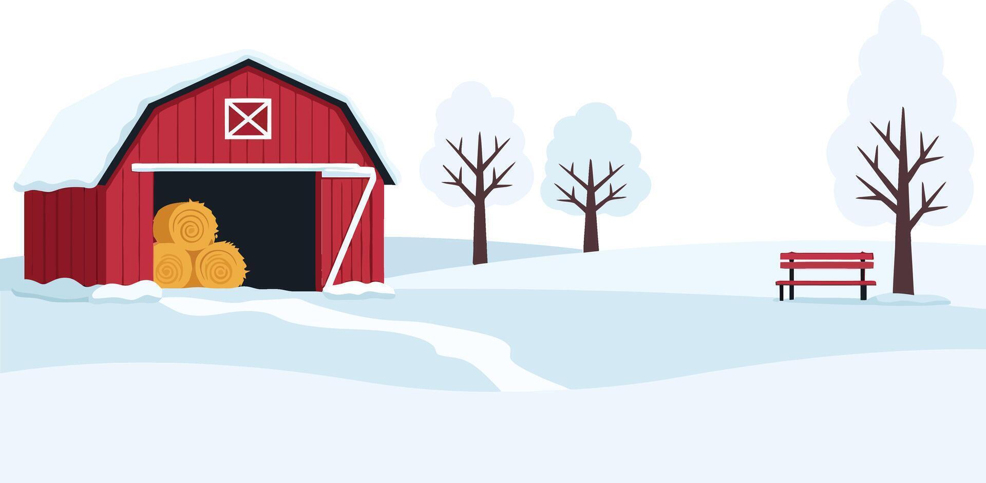 Red barn in a snowy landscape with hay bales, bare trees, and a wooden bench in a flat illustration vector