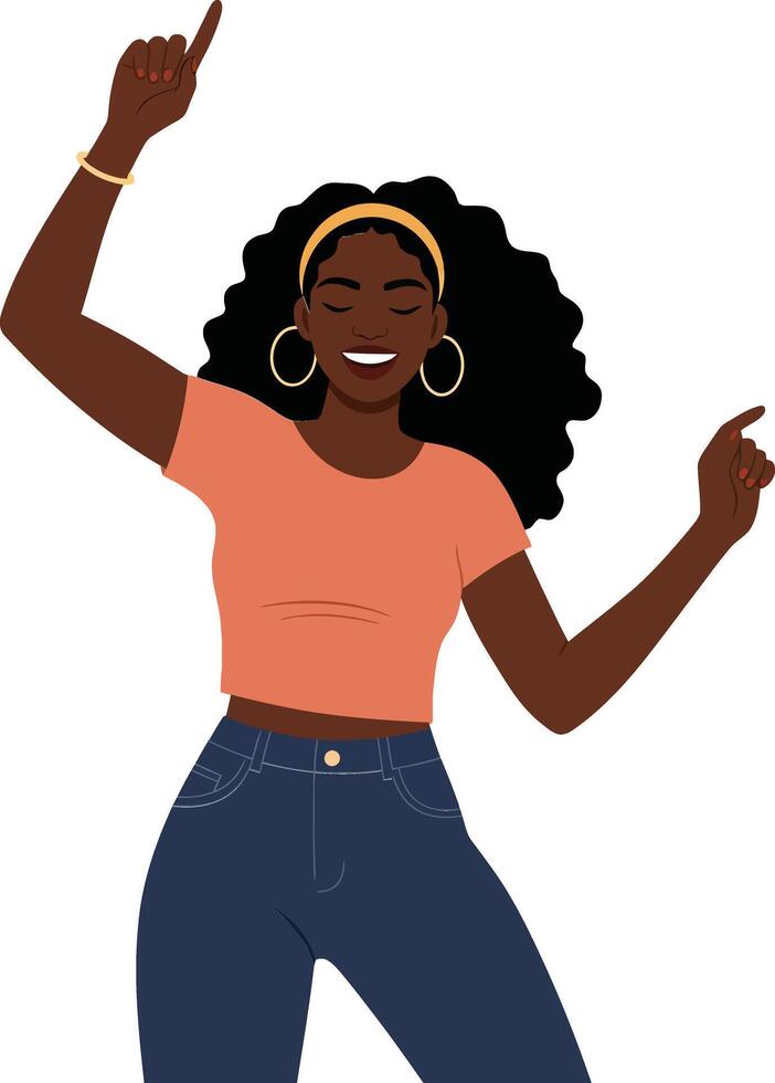 Joyful woman dancing with enthusiasm in a vibrant outfit, showcasing flat design style, capturing happiness and energy in illustration vector