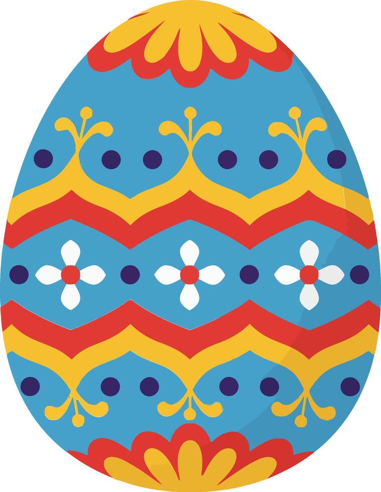 Colorful decorated Easter egg showcasing intricate patterns in a flat design style, featuring bright colors and festive motifs in a charming illustration vector