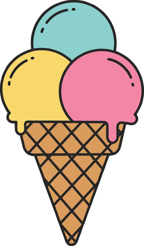 Ice cream cone with three colorful scoops designed in a minimal flat style, showcasing a joyful summer treat in vibrant art vector