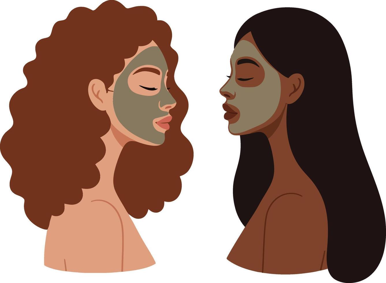 Two women with facial masks in a friendly exchange, showcasing natural beauty in a minimalist, flat design illustration vector