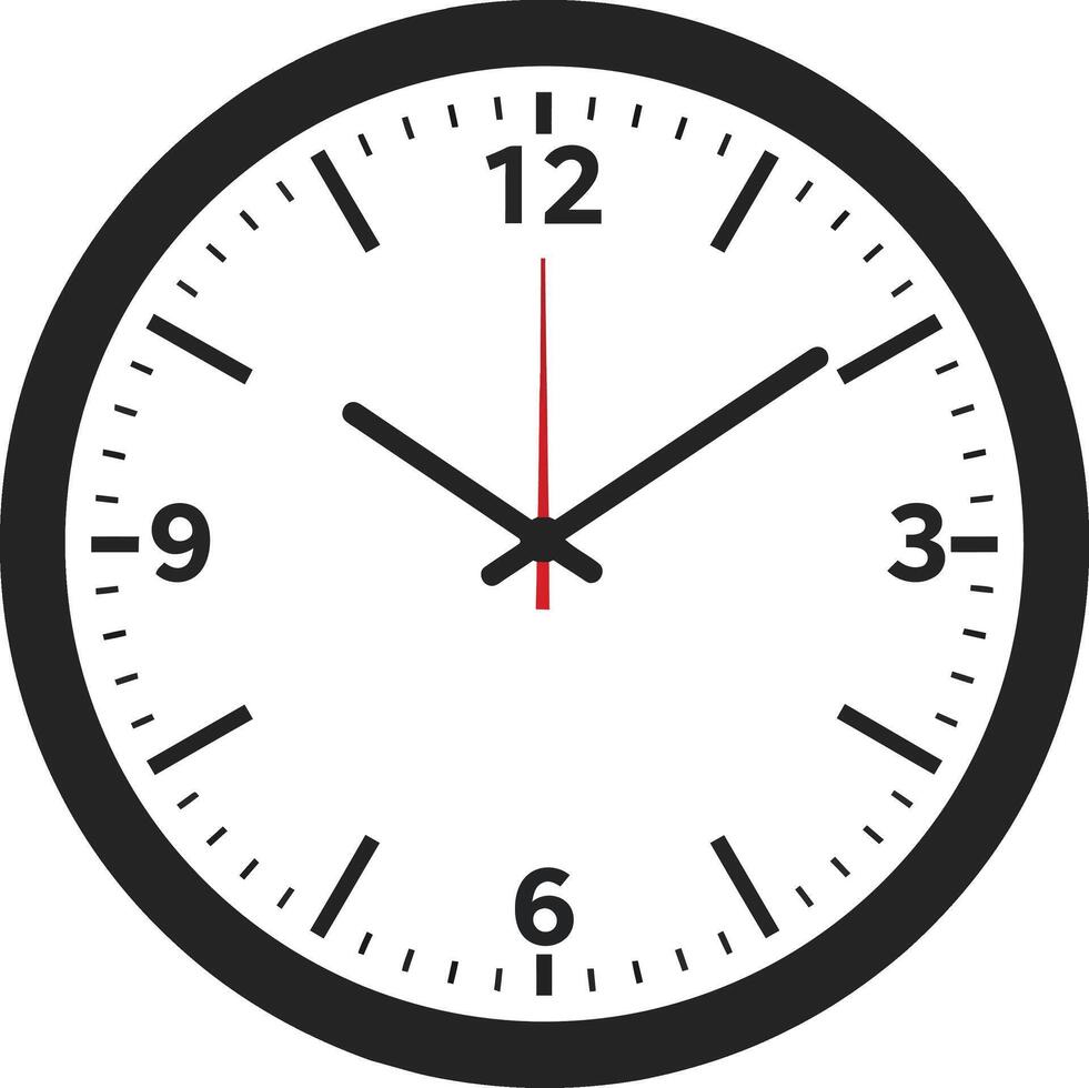Simple round wall clock with black outline and minimalist design, featuring bold hour markers and red second hand, flat art vector
