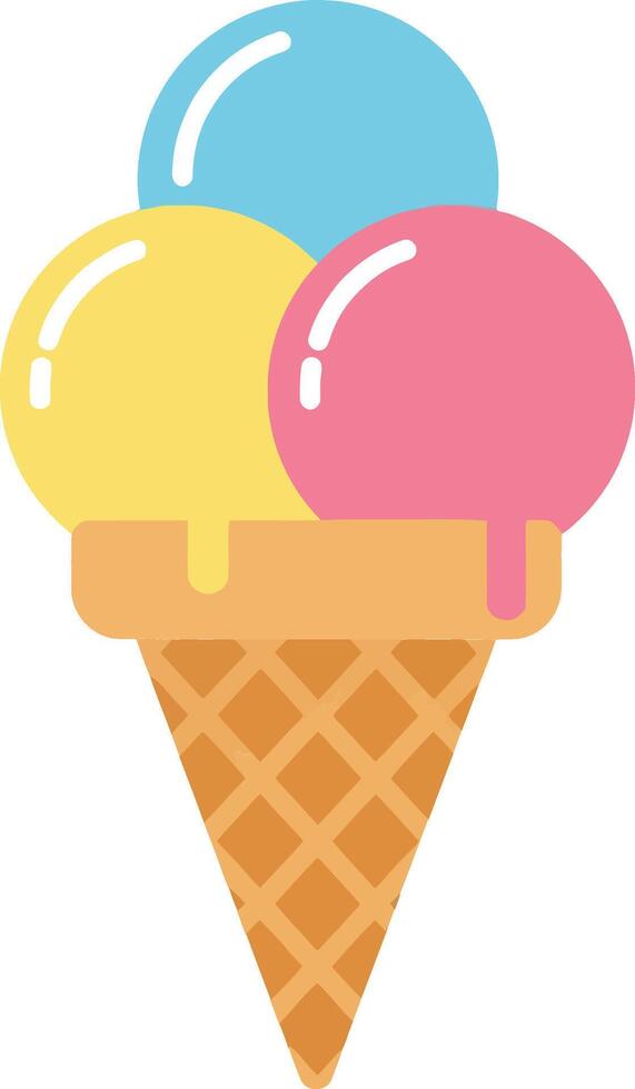 Colorful ice cream cone featuring three scoops in pastel blue, yellow, and pink, presented in a minimal, flat design style, illustration vector