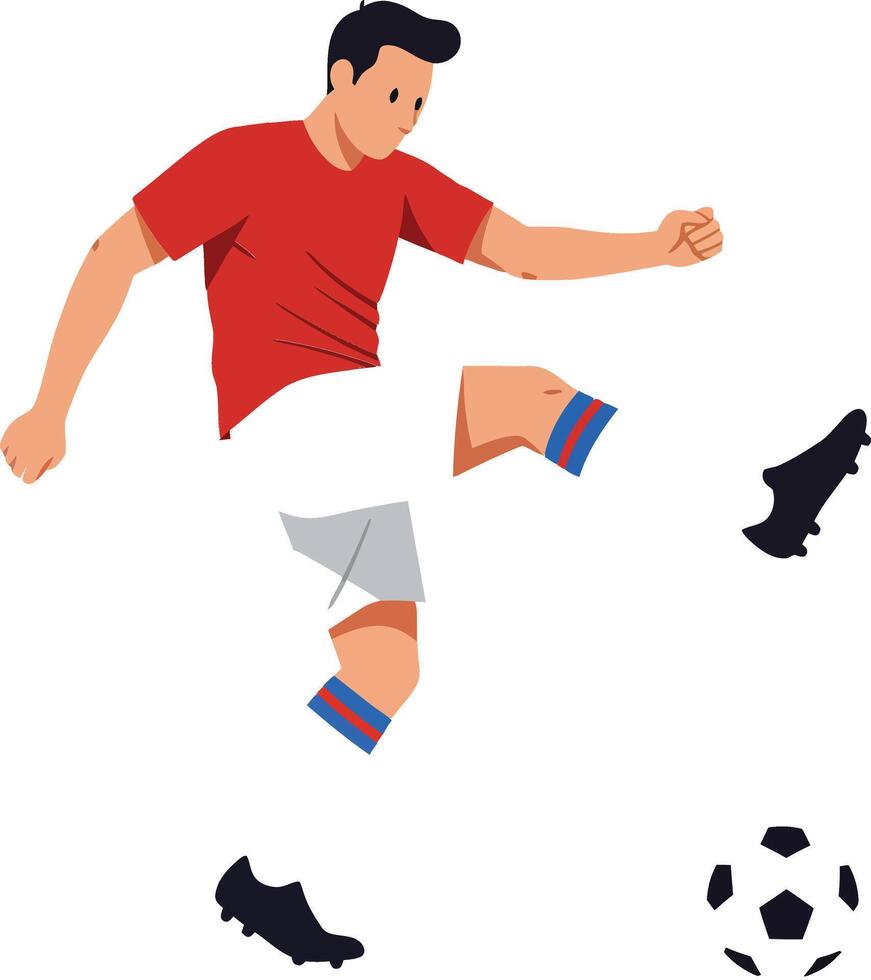 Dynamic soccer player in red jersey performing a powerful kick in flat design art vector
