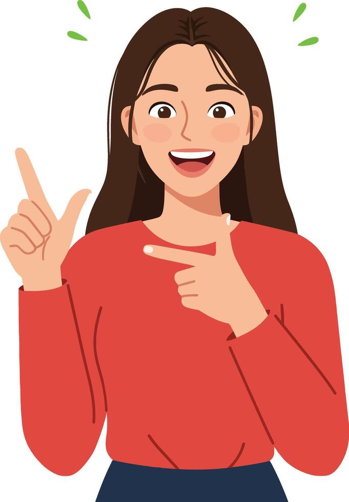 A smiling woman in a red shirt pointing and gesturing with excitement in a cheerful, minimalist design style illustration vector