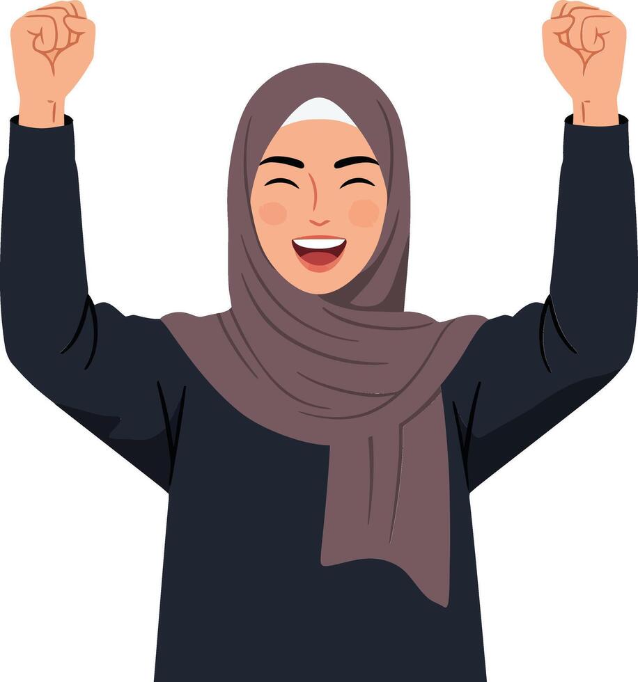 Happy young woman celebrating with raised fists wearing a grey hijab in a flat illustration style conveying joy and excitement in a cheerful atmosphere art vector