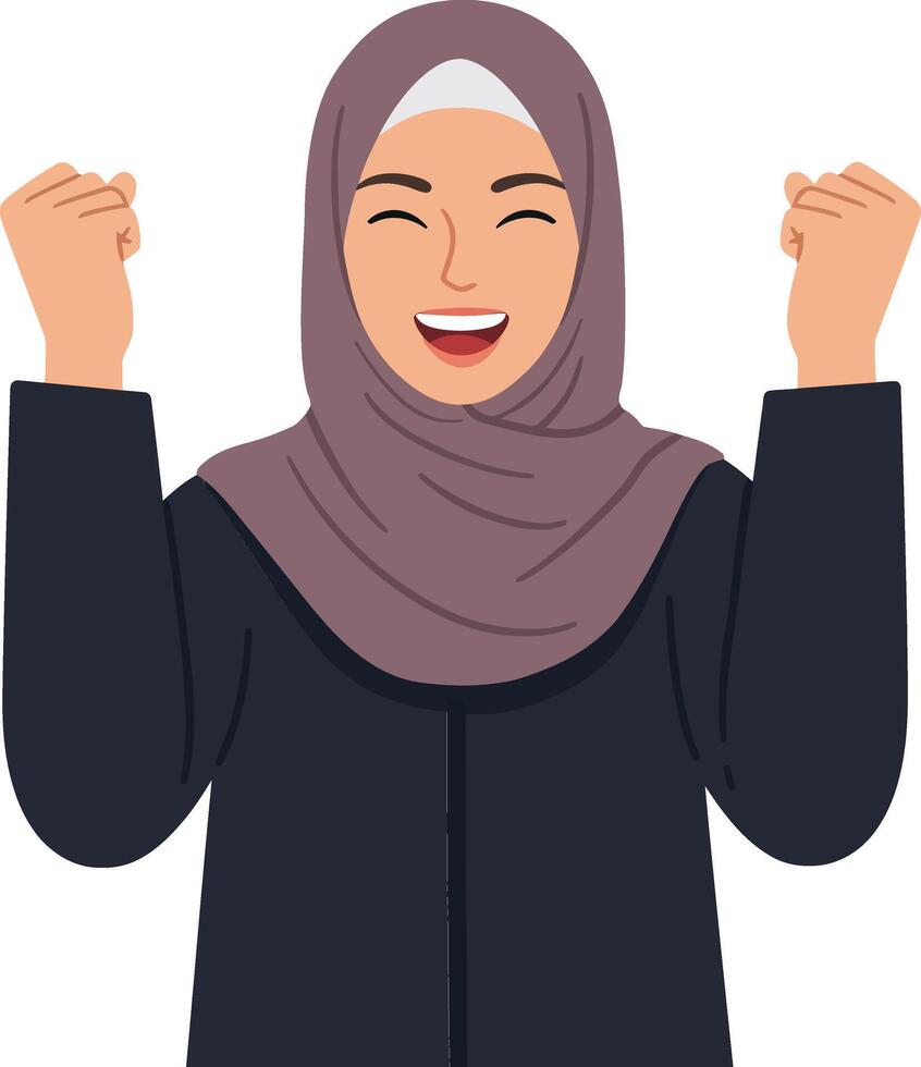 Joyful woman celebrating with raised hands, wearing a hijab, in flat design style, expressing happiness and excitement in this illustration vector