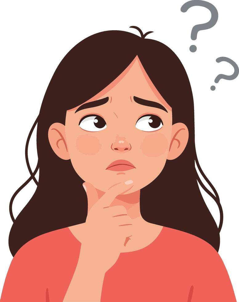 Young girl with thoughtful expression and hand on chin in flat design style, pondering a question in art vector