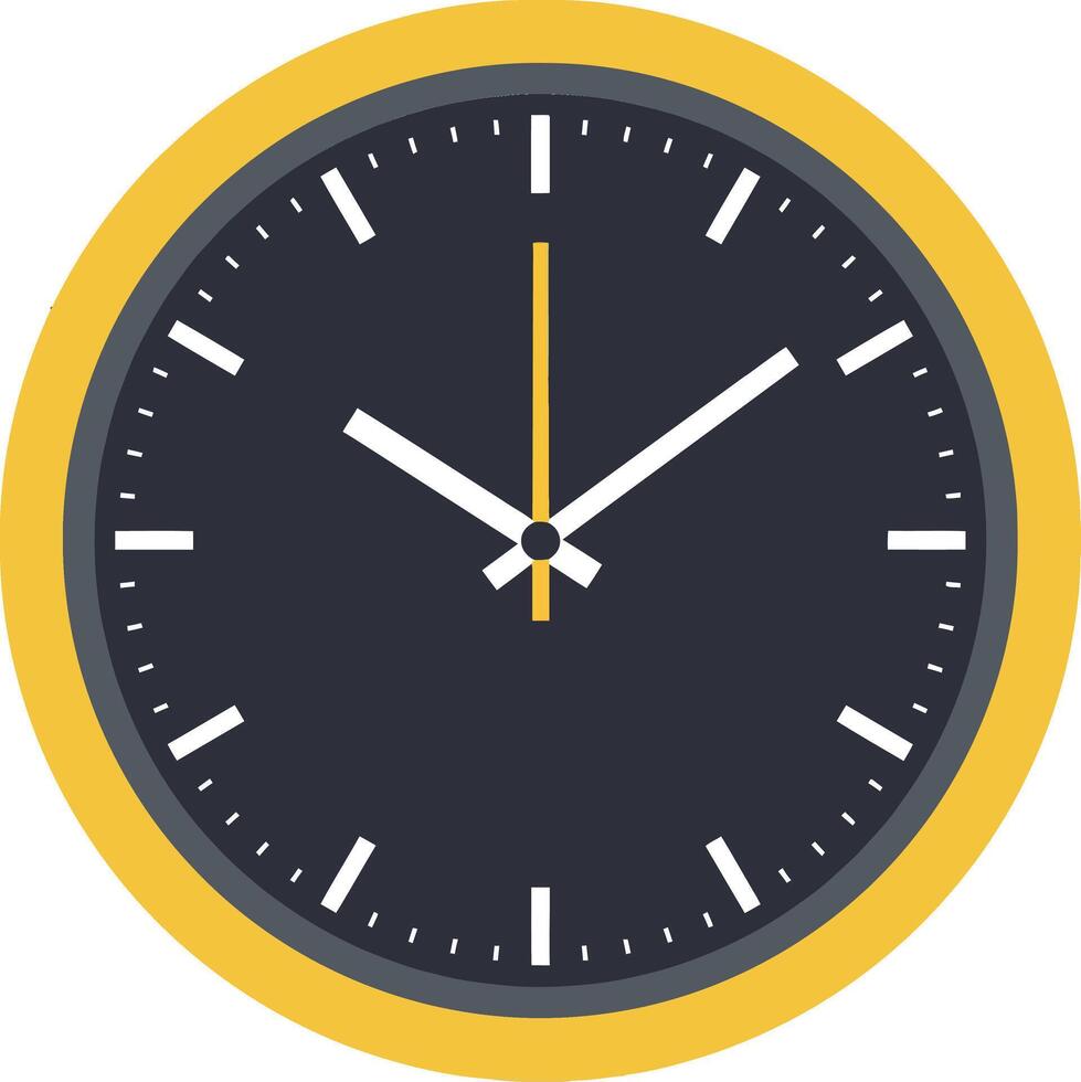 Round wall clock design with bold yellow border, minimalistic black face, white hands, and simple tick marks showcasing time in elegant art vector